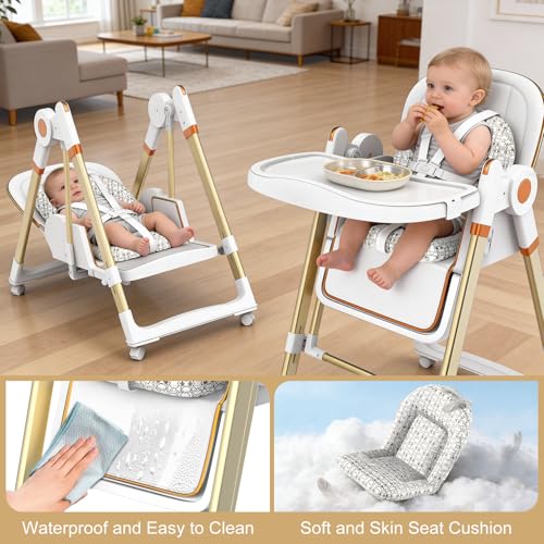 Image of Baby High Chair, Foldable High Chair for Babies and Toddlers with Wheels, Adjustable Highchair with 2 Seat Modes, Removable Dual Tray, PU Cushion, 5-Point Harness, White