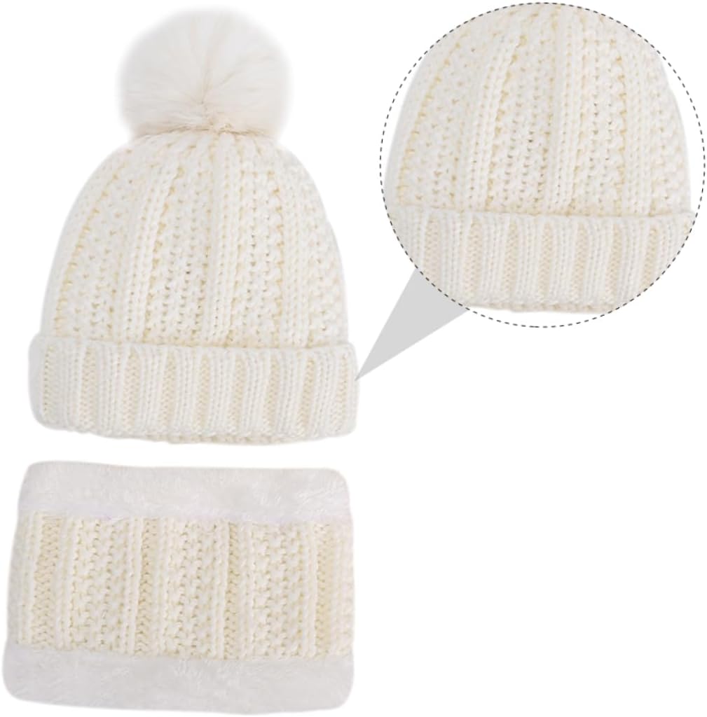 Warm Wool Hat and Neckerchief for Boy Girl Cozy Knitted Cap for Boys and Girls Thick Fleece Lining for Winter Wear Cute and Durable Design White