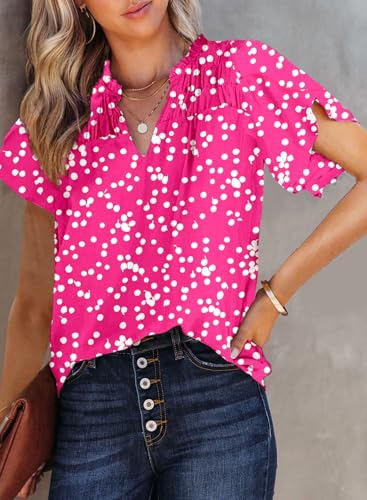 Dokotoo Women's Casual V Neck Alicia Floral Print Smocked Short Sleeve Chiffon Blouses Bohemian Top Shirts2