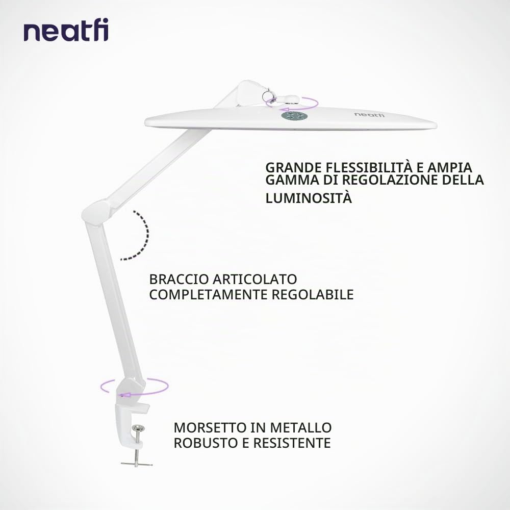 Neatfi Elite HD XL Lampada da Scrivania | Testa da 56 cm | 2.260 Lumen | 3 Modalità di Temperatura Colore | Lampada LED con Regolazione Continua della Luminosità (Bianco, 58cm Paralume Largo)