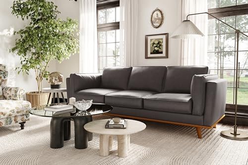 Image of Valencia Artisan Full Leather Sofa 88 inch - Pure Full Italian Nappa Leather Couch, Solid Wood Accent, Ultimate Comfort, Modern Grey