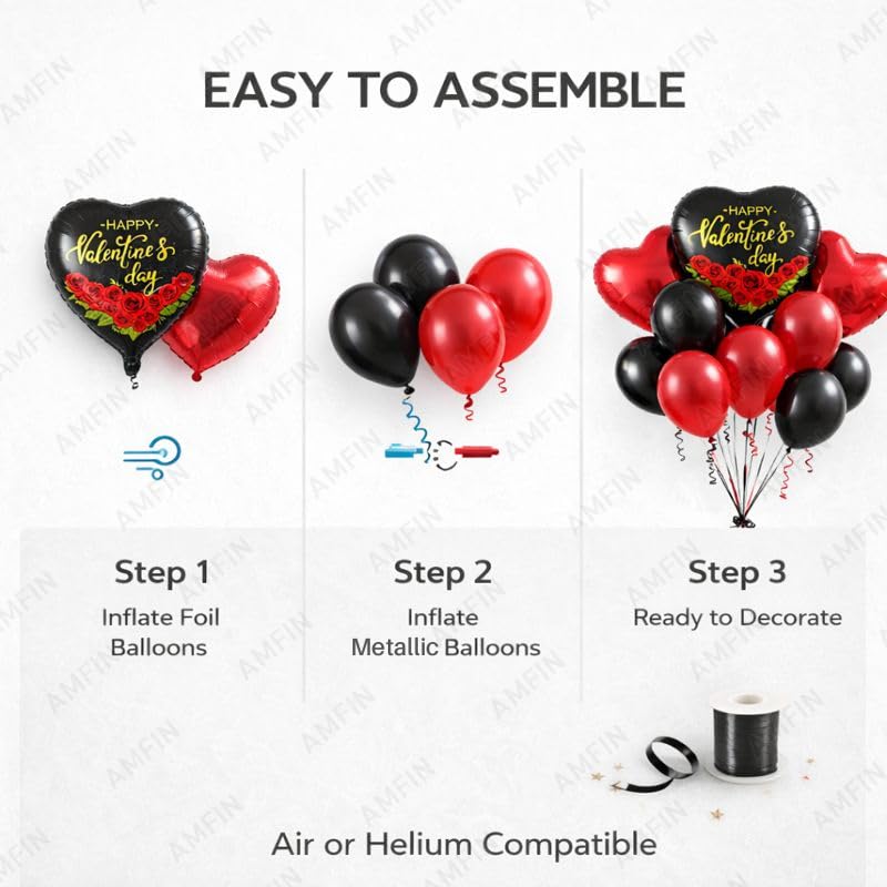 Image of AMFIN (Pack of 9) Happy Valentine's Day Balloon Decoration Set | Romantic Heart Foil Bouquet Metallic Helium Bunch Proposal Anniversary Celebration Party Decor - Red Black