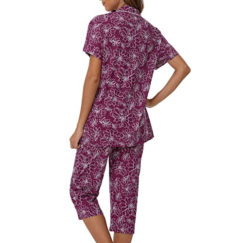 Image of Tugege Capri Pajamas Set Womens Button Down Short Sleeve Lounge Sets Sleepwear Notch Collar Top & Capri 2 Piece PJ Sets