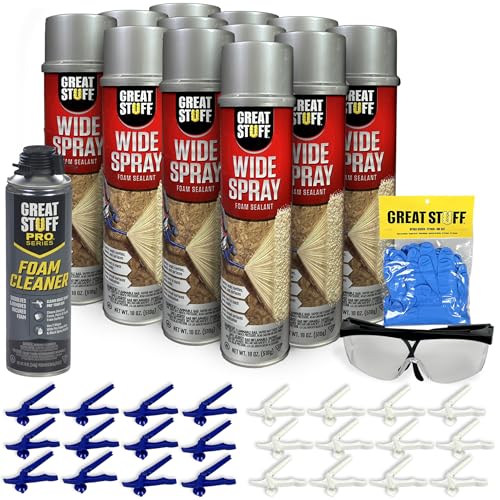 Great Stuff Wide Spray Foam Insulation Kit Closed Cell Polyurethane Expanding Sealant for Indoor & Outdoor Use 12 Pack 18 oz Cans with Nozzles Gloves Safety Glasses