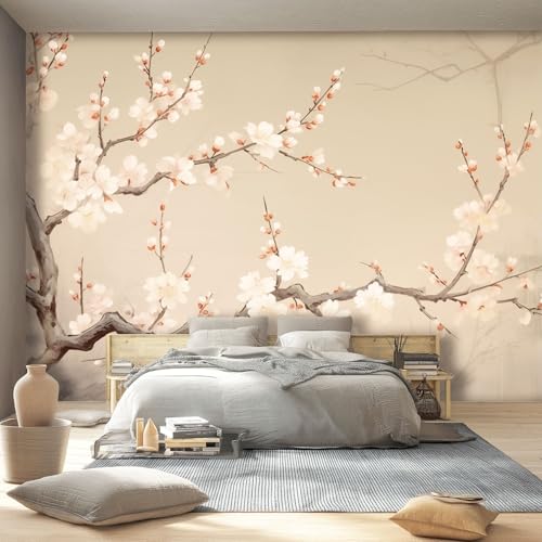 Murales Papel Pintado Salon 400 x 280 cm Oriental Tradicional Botánico Motivo, Color Crema Ramas De Flores Fotomurales Tejido No Tejido Papel Tapiz Fotográfico Decorativos Murales Dormitorio Oficina
