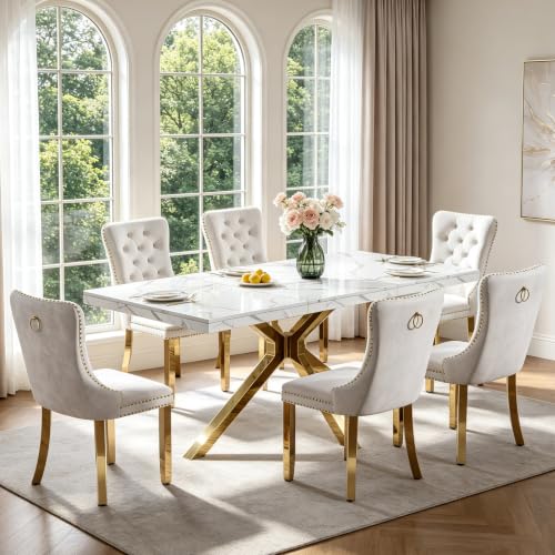 Pvillez 7 Piece Marble Dining Set for 6, 70.87" Rectangular Dining Room Table with 6 Beige Velvet Chairs, Gold Stainless Steel Frame, Luxury Modern Kitchen Table Set for Dining Room, Easy Assembly