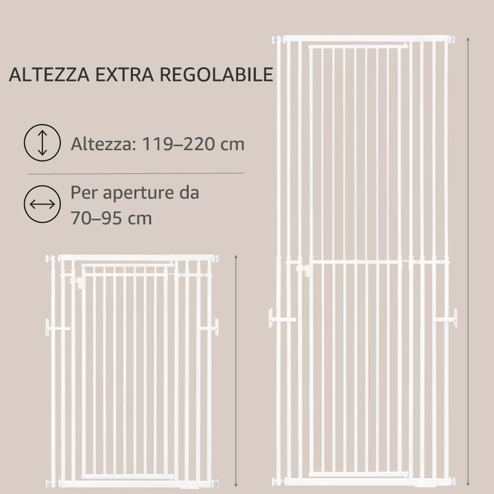 unipaws Cancello per gatti extra alto, regolabile in altezza 119-220 cm, adatto per aperture larghe 70-95 cm, cancello per animali domestici in metallo senza foratura, con porta a due vie, per porte