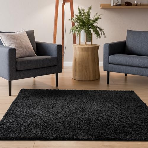 Interiyou Hochflor Teppich Sofia - 160x160 cm Schwarz - flauschig und einfarbig - waschbar und rutschfest - weicher Langflor