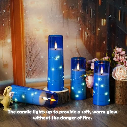 Image of kakoya Flameless LED Candles with Timer 5 Pc Flickering Flameless Candles for Romantic Ambiance and Home Decoration Stable Acrylic Shell,with Embedded Star String,Battery Operated Candles(Blue)