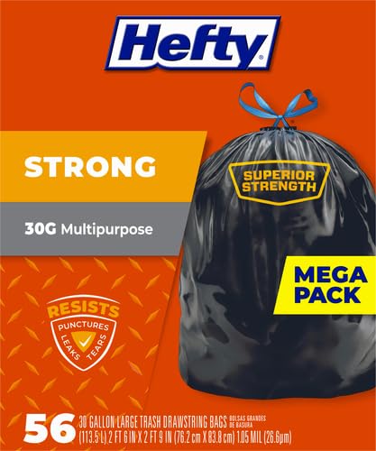 Image of Hefty Strong 30 Gallon Trash Bags, Large Trash-Bags 30 Gallon Size, Durable Drawstring Enclosure, Resists Punctures, Leaks, and Tears, Black, Unscented, 56 Bags (Pack of 3)