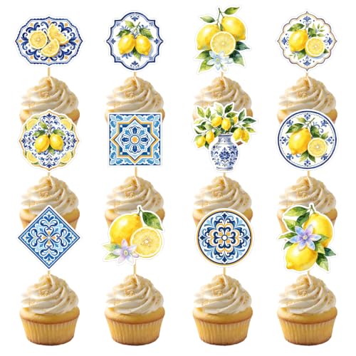 36 Pcs Citron Bleu Cupcake Décorations Fête Prénatale, Capri Amalfi Gâteau Topper & Pics,...