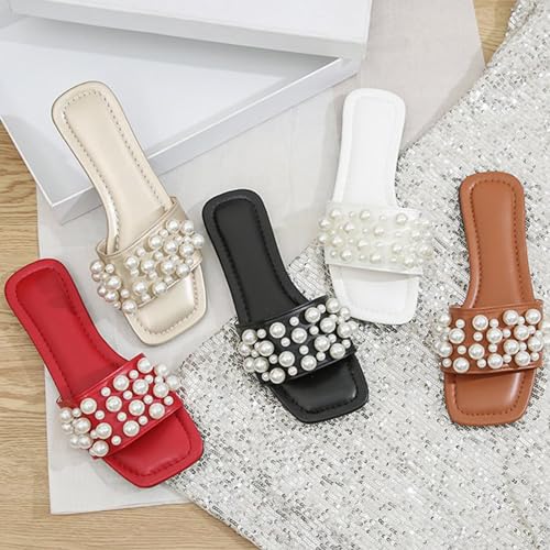 Zeberfi Women's Sparkle Pearl Flat Slide Sandals Fashion Summer Dress Party Slippers Breathable Square Open Toe Bling Beach Sandals3
