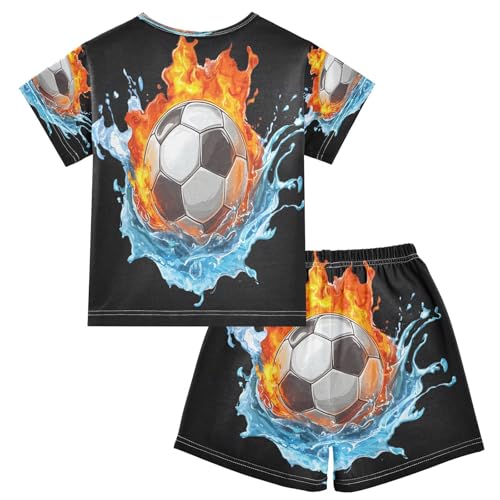 ALAZA Soccer Football Water and Fire Black Pajamas Set Short Sleeve Cotton Sleepwear Summer Pjs 2 Piece 5-14Y2