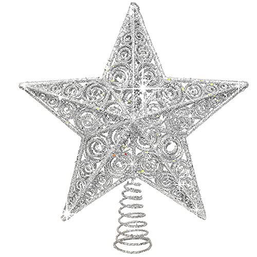 12 Inch Glitter Silver Star Christmas Tree Topper Christmas Star Tree Topper Farmhouse Xmas Tree Topper Rustic Tree Toppers Christmas Tree Decorations Christmas Ornaments (Silver)