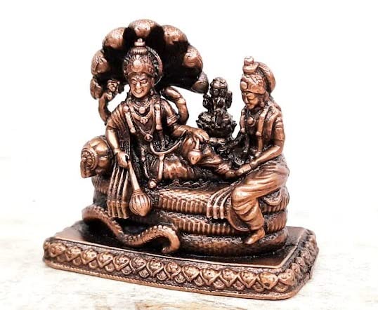 Image of Copper Idols India, 2.1 inches, Handmade God Vishnu Along with Mahalakshmi Lying in Adisesha,250 Grams, Patina Antique Finish, Pack of 1 Piece