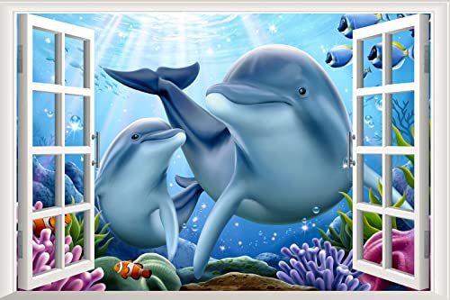 3D Sea World Fake Window Sticker, Dolphin Sea Turtle Tropical Fish Sea Life Wall Decals, Peel And Stick Removable Window Decoration, Boys And Girls Bedroom Living Room Wall Decor,23.6”×35.4'' #TOP6
