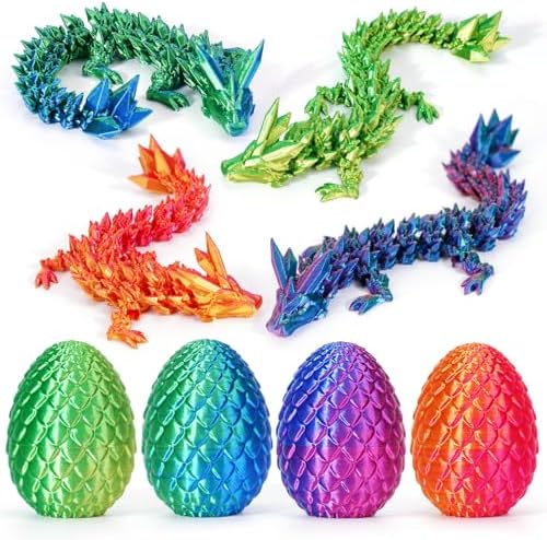 4Pcs 3D Printed Dragon Eggs with Dragon Inside Articulated Animals Cool Crystal 3D Print Dinosaur Toy Dino Eggs for Boys Girls Home Decor