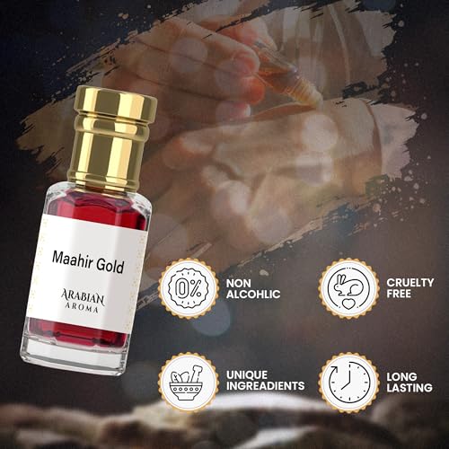 Image of Arabian Aroma Maahir Gold Attar | Fruity Floral Attar Perfume for Men & Women | Unisex Long-Lasting Sandalwood & Chocolate Musk | Alcohol Free, 100% Pure Perfume (6ml)
