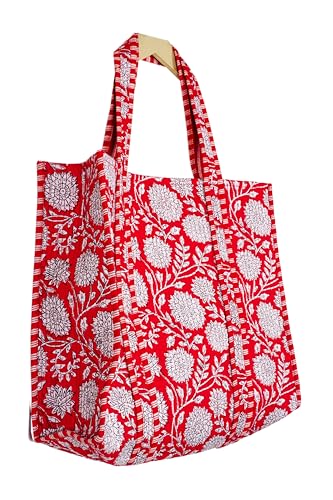 Image of Quilted Cotton Hand printed Reversible Large multicolor cotton Tote Bag,Indian Handmade Block Printed Tote Bag Women Handbag