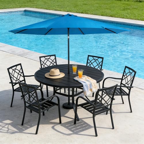 Image of SUNCROWN 8-Piece Outdoor Wrought Iron Chairs and Table Patio Dining Furniture Set-6 Stackable Metal Chairs, 1 53 inch Round Bistro Table and 1 Sky Blue 9Ft Patio Umbrella for Garden Backyard Deck