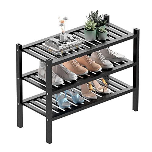 3 Tier (Thick) Bamboo Shoe Rack for Entryway, Small Wood Shoe Shelf Storage Organizer for Closet, Shoe Stand for Hallway, Stackable and Sturdy 27"x12"x21" Black