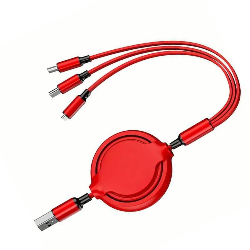 GLOGO 3 in 1 Retractable Charging Cable [3A,3FT] Multi USB Cable Fast Charger Cord for Phone, Samsung, iPad, Tablets, Switch and More - Red