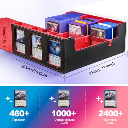 Image of UAONO Card Storage Box for Trading Cards, 1800+ Commander Deck Box for MTG with Display Window, Toploader Card Case fits Magic TCG PTCG Sports Cards; 10 Removable Divider, 3 Stoppers (Black, Red)
