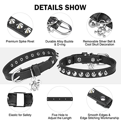 Dillybud Leather Cat Collars For Boy Girl Cats With Bell And Safety Elastic Belt, Personalized Rivets Stud Adjustable Safe Buckle Collar With Skull Charm For Kitty Small Pets Size 8-12 Inch, Black #TOP1