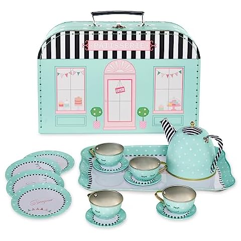 HearthSong 15-Piece Weekend in Paris Pretend-Play Tin Tea Set, Includes Teapot, 4 Plates, 4 Cups, 4 Saucers, Serving Tray and Carrying Case, Ages 3 and Up Cover