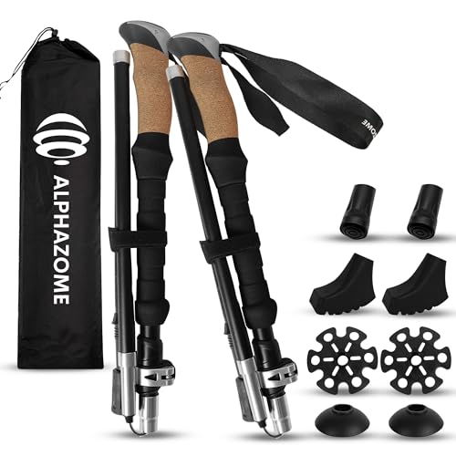ALPHAZOME Bastones de Senderismo Bastones Trekking Plegables 2pcs de Aluminio 7075 y Mango de Corcho Extensibles Viaje Trail y Ajustables Ultraligeros para Alpinismo