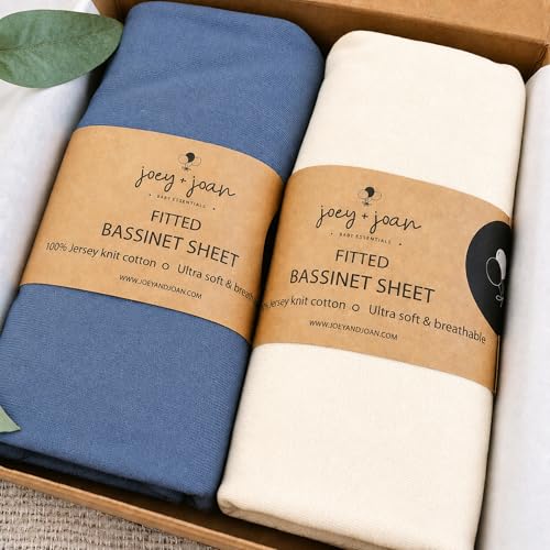 Image of Bassinet Fitted Sheets 20 inchx33 inch for Baby Beside Dreamer Bassinet & Bedside Sleeper - Snuggly Soft 100% Jersey Cotton - Blue + Off-White - 2 Pack