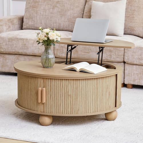 Image of Fluted Round Lift Top Coffee Table with Storage, Boho Circle Coffee Table | 33.5 inch Modern Lift Top Coffee Table with Sliding Door & Solid Wood Legs, Circle Round Center Table for Living Room