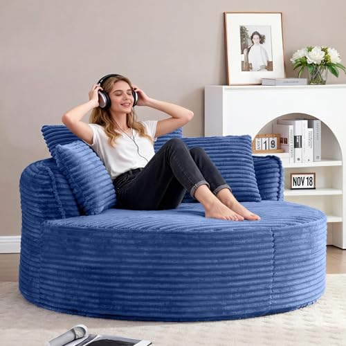 Image of Oversized Round Chair Lounge Chaise Indoor, 53.5 inch Upholstered Corduroy Deep Seat Single Cloud Sofa Chair, Fluffy Modern Large Circle Boneless Sleeper Sofa for Living Room, Bedroom, Blue