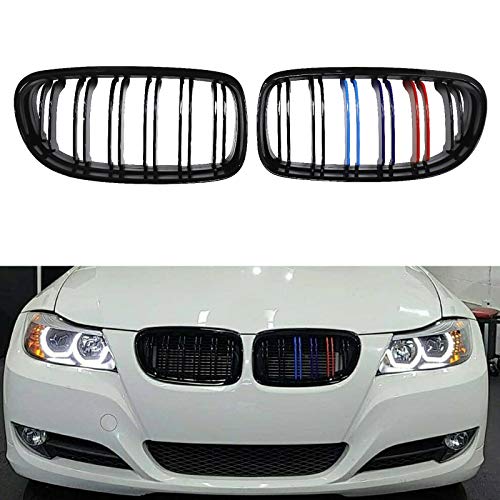JUEDIMA E91 Grille - Gloss Black M-Color Front Replacement Kidney Grille Grill Compatible with 2009 2010 2011 BMW E90 | E91 3-Series Sedan/Wagon Twin Slat Fins Grille