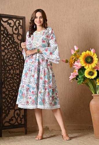 Image of LIBOZA 100% Cotton Floral Print Tiered Midi Dress, Bell Sleeves, Lace Trim Detail, White and Multicolour for Women, Office, Party, All Occassions
