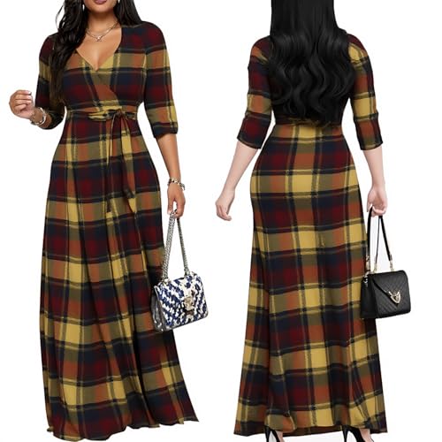 Image of Women's Church Maxi Wrap V Neck 3 /4 Sleeve Tie Waist Plus Size Long Dress | Flattering wrap V-neck design enhances curves. High elastic tie waist accentuates the slimmest part, hides tummy.
