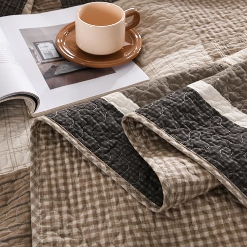 Image of EWlinens 100% Cotton 120 inchx102 inch Oversized Queen Bedspread - Reversible Patchwork Plaid Extra Large Quilt Bedding Set, Queen Bedspreads Coverlet Set, Lightweight Cozy Luxurious Quilts, 3pcs, Brown /Beige