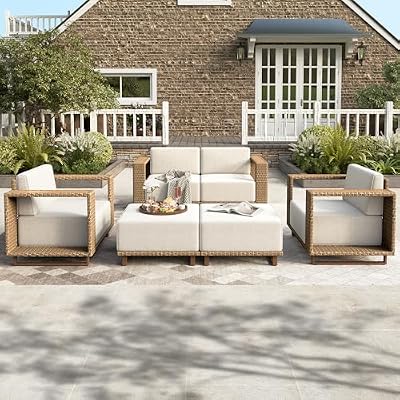 HERA'S HOUSE Patio Furniture Conversation Set, Deep Seating Outdoor Couch Set with 10" Thick Cushion, 5 Pieces Yellow Rattan Wicker Sofa with Ottomans, Garden Deck Lawn Furniture