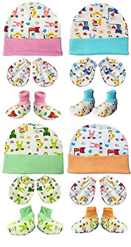 BRANDONN Newborn Baby’s Cotton Mitten, Bootie & Cap Set 0-4 Months Baby Boys and Baby Girls, Pack of 4