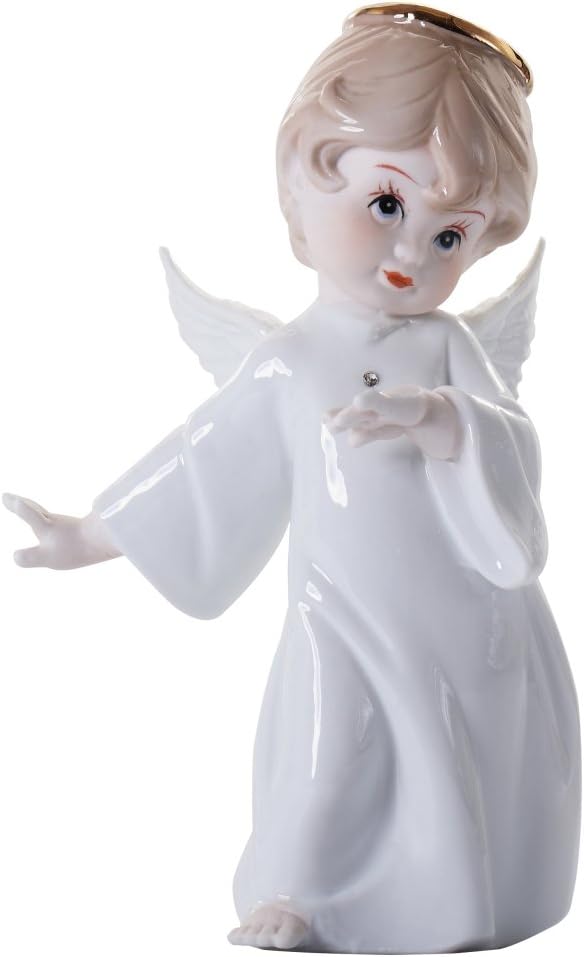 Panda Space Little Cute White Ceramic Angel Statue Cherub Statue with Halos and Wings (W03)