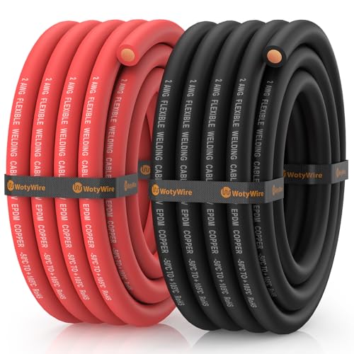 WotyWire 2 Gauge Wire Battery Cable 2 AWG EPDM Welding Cable with Oxygen-Free Copper Flexible/High Conductivity for Solar Automotive Battery Inverter RV Marine (15 ft Red + 15 ft Black)