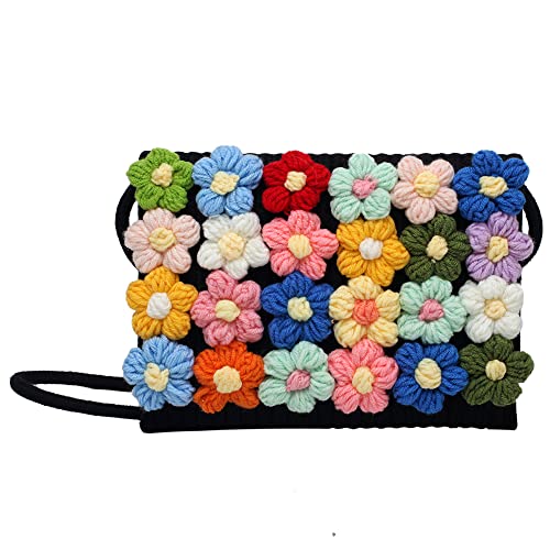Women's Handwoven Crossbody Shoulder Handbag, Rectangle Cotton Handmade Purse Cute Summer Beach Bag with Knitted Flowers - Main Image