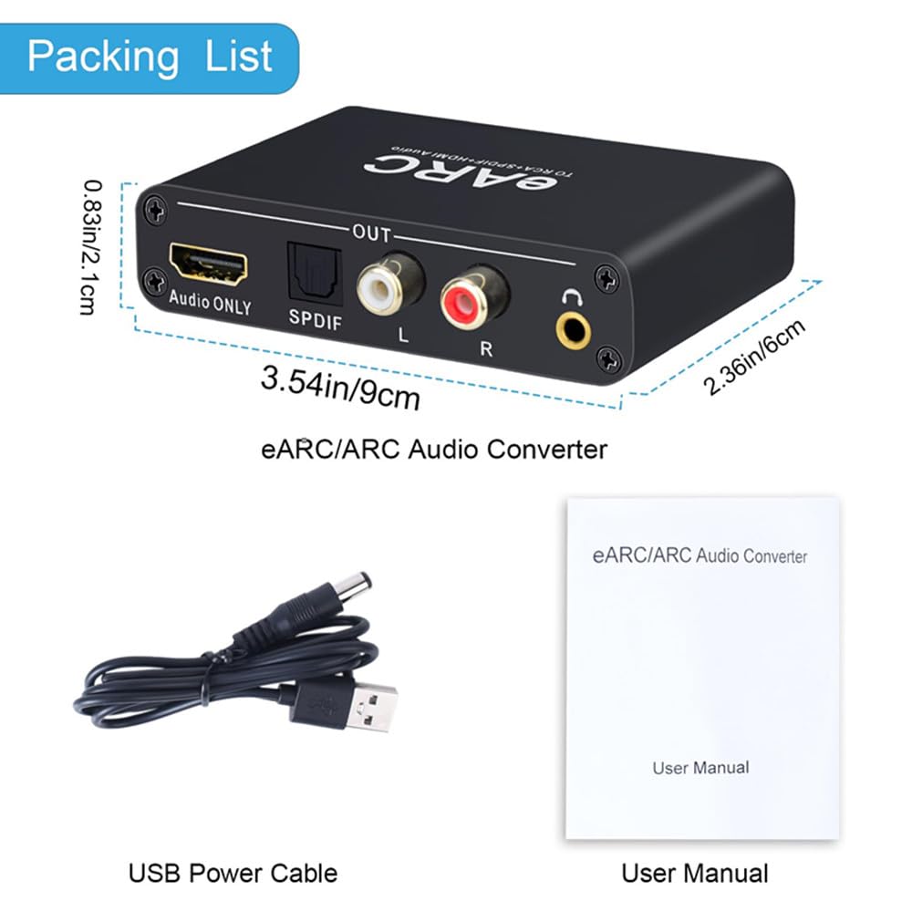 HDMI eARC ARC Audio Converter,24bit/192KHz Audio Sampling Rate,ARC Audio Return, HD 5.1 und HD 7.1 Kanäle,RCA 3.5mm Audio Converter,Unterstützt eARC & ARC Eingänge