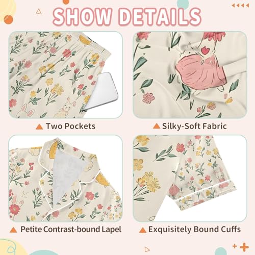 Floral Bunny Satin Summer Pajama Sets Silk Short Sleeve Button Down Sleepwear3