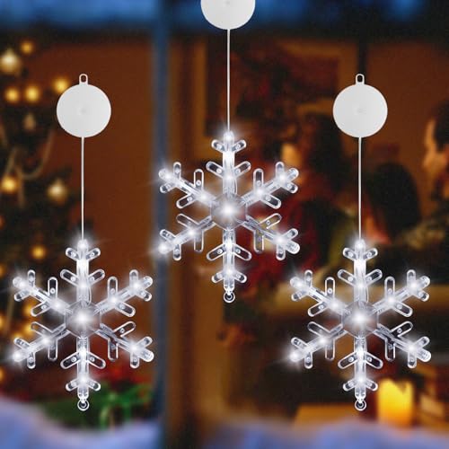 HUIKUANGEU Luces Navidad para Ventana con Copo de Nieve,3 Piezas Navidad Decoración,Luces de Copo de Nieve,Luz Decorativa LED de Nieve,para Decoraciones Navideñas en Interiores