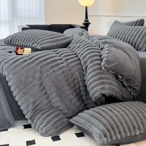 Covebett Plüsch Bettwäsche 200x200 Grau Dunkelgrau Winter Warm Shaggy Cashmere Touch Flauschig Plüschbettwäsche Gestreift Felloptik Luxus Wende...