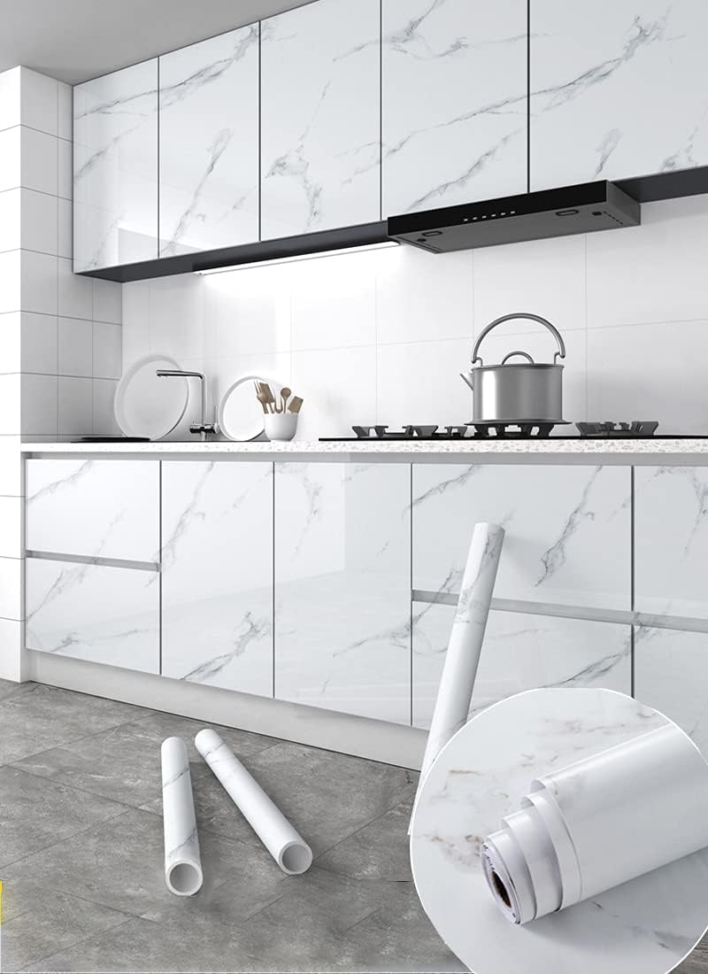 Glossy Marble Paper Granite Gray/White Wallpaper Peel and Stick Wallpaper Self Adhesive Removable Wallpapers 23.6″ ×393″ Waterproof Countertop Paper for Cabinet Countertop Furniture Kitchen Viny Film