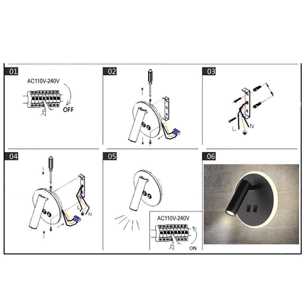 Feux de chevet LED Lampe murale hotel intérieur Lumières mural lit Lampe murale couloir avec interrupteur Noir 3W + 9W (Rond)