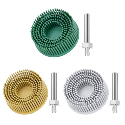 Sissatthai 3Pcs Bristle Disc 2 Inch Gasket Remover Wheel Tool - 50# 80# 120# Size White & Yellow & Green Bristle Brush Cleaning Disc with 1/4 Shank Attachment Abrasive Coating Discs