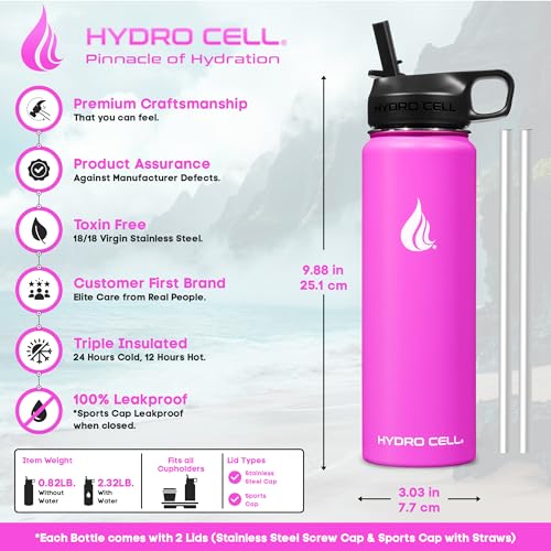 Image of HYDRO CELL Stainless Steel Insulated Water Bottle with Straw - For Cold & Hot Drinks - Metal Vacuum Flask with Screw Cap and Modern Leakproof Sport Thermos for Adults (Fuchsia 24oz)